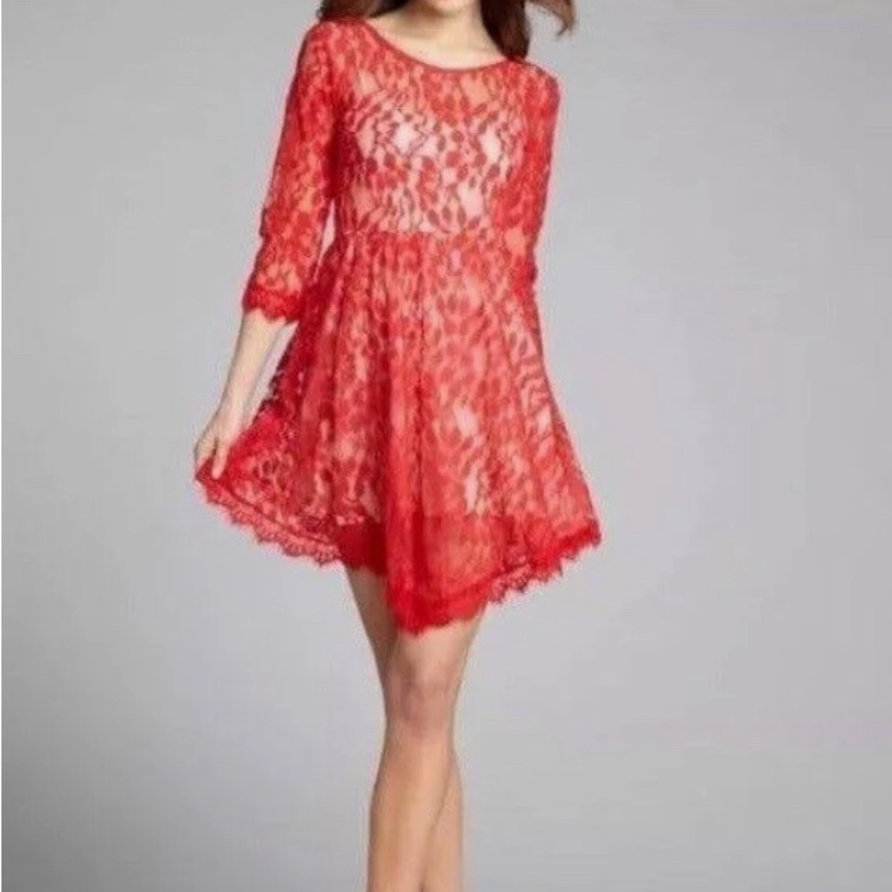 Free People, size 6, cotton blend, red floral mesh lace, fit and flare dress